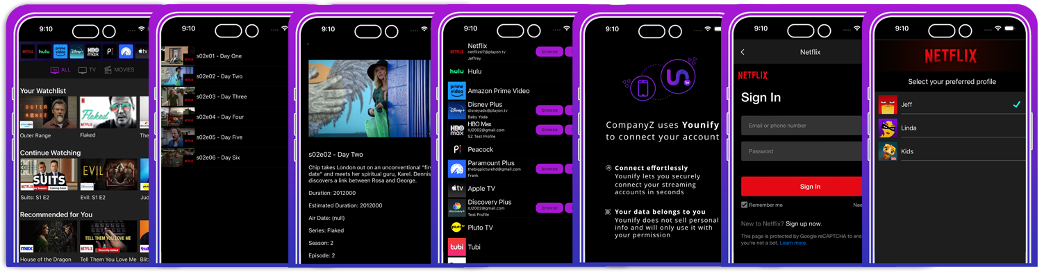 Younify Connect SDK sample screens showing streaming service login UI on iOS and Android